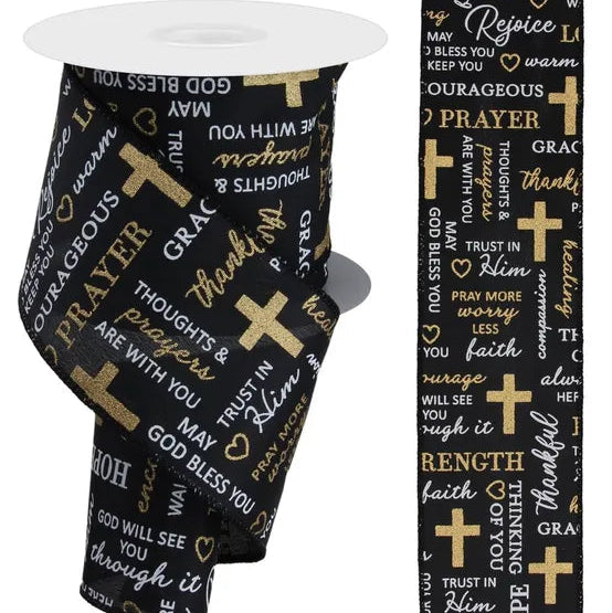 2.5"X10YD WORDS OF COMFORT ON SATIN - BLACK/WHITE/GOLD - RGE137302