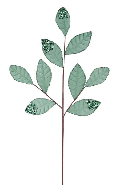 27"L VELVET/GLITTER MAGNOLIA LEAF SPRAY X9 - SAGE GREEN - XS255235