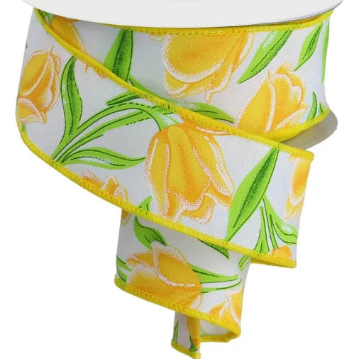 1.5"X10YD TULIPS ON DIAGONAL WEAVE - WHITE/YELLOW/GREEN/GOLD/LIME - RGE144627