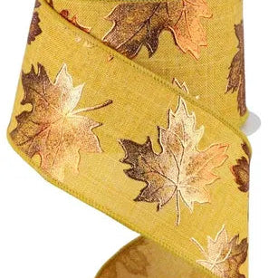 2.5"X10YD FOIL MAPLE LEAF ON ROYAL - MUSTARD - RGC1834F4