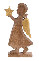 12.25"H X 7.25"L MANGO WOOD ANGEL W/STAR - NATURAL/GOLD - XN0546
