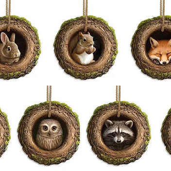 7 PIECE SET - METAL HOLLOW TREE W/ANIMAL ORNAMENT - RABBIT/SQUIRREL/FOX/HEDGEHOG/OWL/RACCOON/SKUNK - MD1903