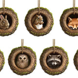 7 PIECE SET - METAL HOLLOW TREE W/ANIMAL ORNAMENT - RABBIT/SQUIRREL/FOX/HEDGEHOG/OWL/RACCOON/SKUNK - MD1903
