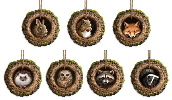 7 PIECE SET - METAL HOLLOW TREE W/ANIMAL ORNAMENT - RABBIT/SQUIRREL/FOX/HEDGEHOG/OWL/RACCOON/SKUNK - MD1903