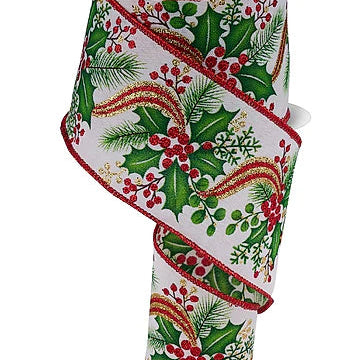 2.5"X10YD HOLLY/PINE/RIBBON - CREAM/GREEN/BROWN/RED/GOLD - RGF1959C2