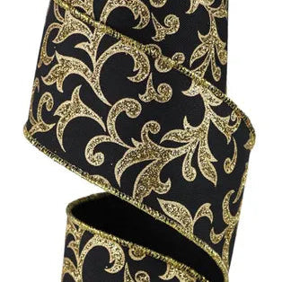 2.5"X10YD ACANTHUS LEAF - BLACK/GOLD - RGE184302