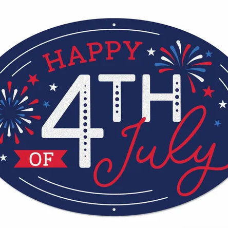 15"L X 10.36"H GLITTER 4TH OF JULY OVAL SIGN - NAVY/RED/WHITE - MD1753C9