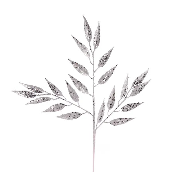 28"L GLITTER/HEX GLITTER LEAF SPRAY - SILVER - XS241226