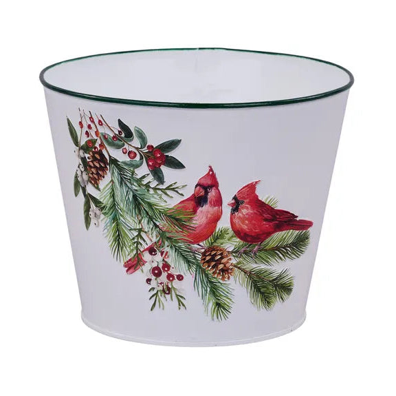 6.75"DIA X 5.5"H CARDINAL/PINE POT COVER - RED/GREEN/SHINY WHITE - XC0222