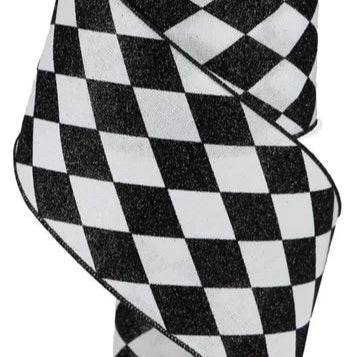 4"X10YD GLITTER HARLEQUIN CHECK - BLACK/WHITE - RGA150027