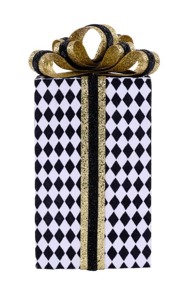 10"HX4.75"SQ HARLEQUIN/GLITTER GIFT - BLACK/WHITE/GOLD - XC8377FW