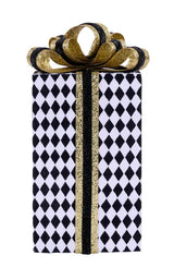 10"HX4.75"SQ HARLEQUIN/GLITTER GIFT - BLACK/WHITE/GOLD - XC8377FW