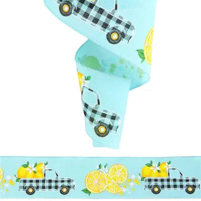 2.5"X10YD GINGHAM TRUCK W/LEMONS - ICE BLUE/YELLOW/GREEN/WHITE/BLACK - RGC1785JC