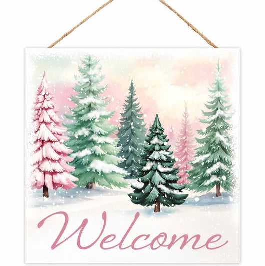 10"SQ MDF WELCOME WITH TREE - WHITE/LIGHT PINK/WHITE - AP7464K5