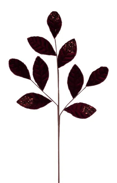27"L VELVET/GLITTER MAGNOLIA LEAF SPRAY X9 - BURGUNDY - XS255205