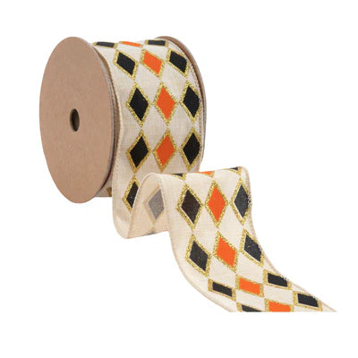 2 1/2"X10YD WIRED RIBBON - BLACK & ORANGE DIAMOND W/ GOLD GLITTER PATTERN - LARIBBON - 6013W-750-63E
