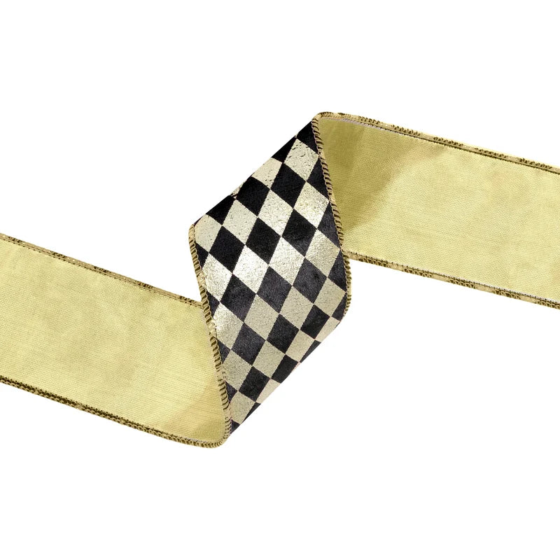 2.5"X10YD WIRED RIBBON - BLACK & GOLD HARLEQUIN W/ GOLD BACKING - 6015W-675-63E