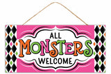 12.5"LX6"H MDF ALL MONSTERS WELCOME - PINK/GREEN/ORANGE/BLACK/WHITE - AP7459K4