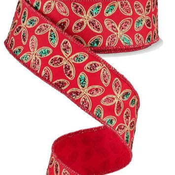 1.5"X10YD QUATREFOIL PETALS - RED/EMERALD/GOLD - RGE192524