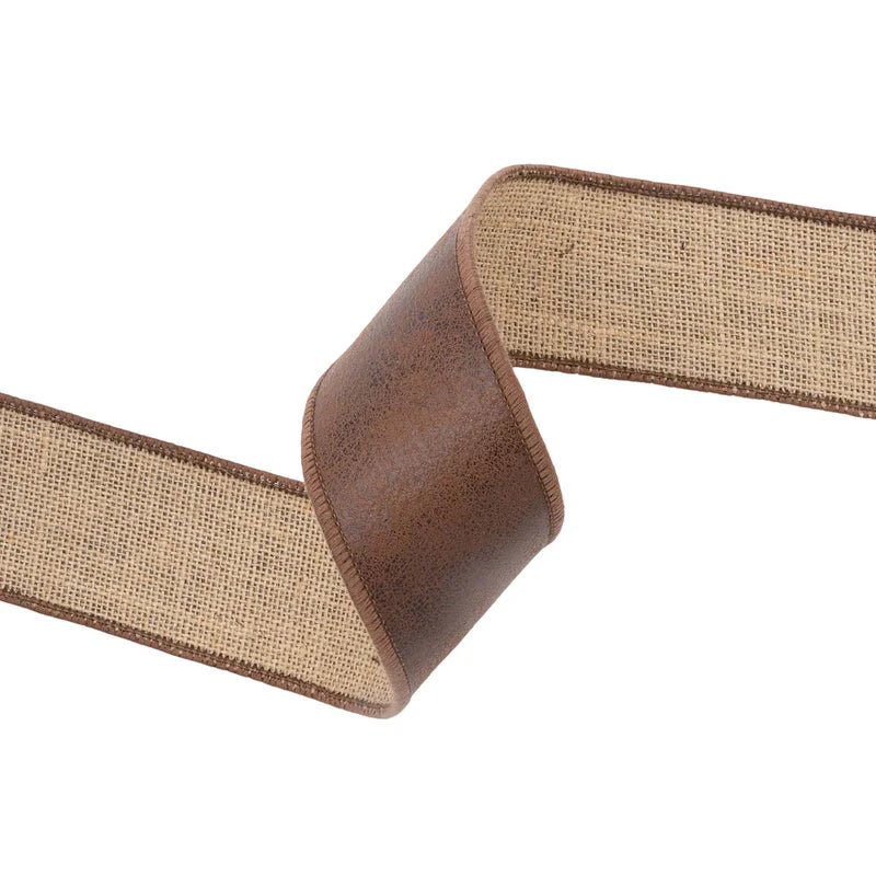 2 1/2"X10YD WIRED LEATHER RIBBON - BROWN W/ JUTE BACKING - LARIBBON - 6566W-850-63E
