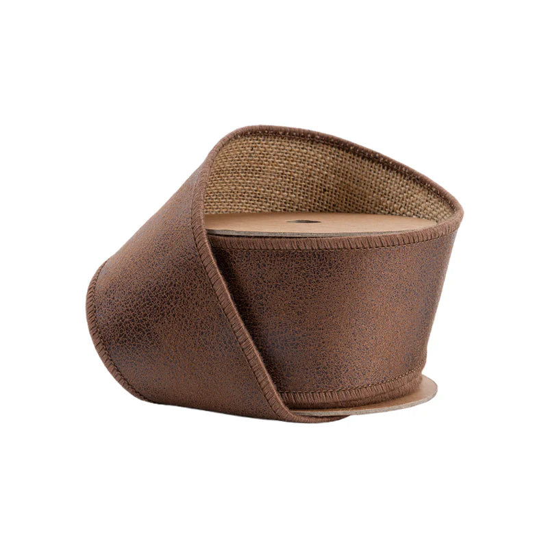 2 1/2"X10YD WIRED LEATHER RIBBON - BROWN W/ JUTE BACKING - LARIBBON - 6566W-850-63E
