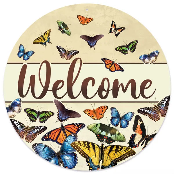 12"DIA METAL WELCOME W/BUTTERFLIES SIGN - NATURAL/BROWN/MULTI - MD1754