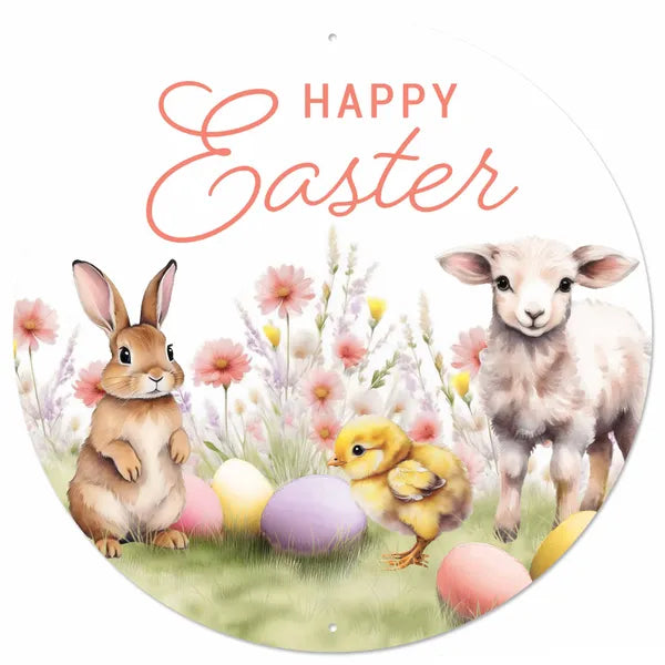 12"DIA EASTER W/ANIMALS & FLORALS SIGN - WHITE/BEIGE/CORAL/YELLOW/GREEN - MD1719