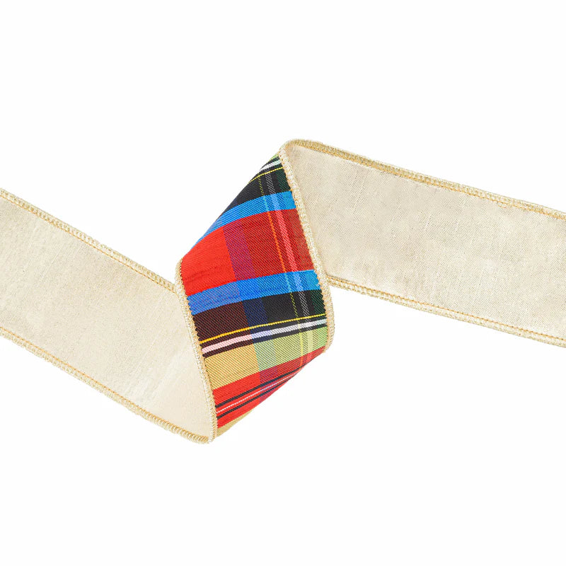 2 1/2"X10YD WIRED RIBBON - BLACK/LIME/RED/ROYAL PLAID W GOLD DUPIONI-FUSED BACKING - 6913W-037-63E