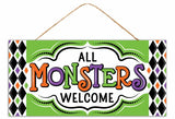 12.5"LX6"H MDF ALL MONSTERS WELCOME - GREEN/PURPLE/ORANGE/BLACK/WHITE - AP7459K3