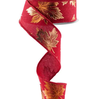 1.5"X10YD FOIL MAPLE LEAF ON ROYAL - BURGUNDY - RGE147605