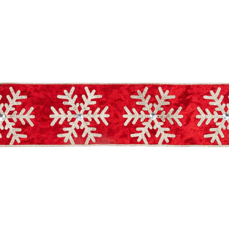 4"X10YD WIRED VELVET - GLITTER SNOWFLAKE WITH JEWEL ON RED - 7017W-250-100E