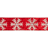 4"X10YD WIRED VELVET - GLITTER SNOWFLAKE WITH JEWEL ON RED - 7017W-250-100E