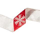 4"X10YD WIRED VELVET - GLITTER SNOWFLAKE WITH JEWEL ON RED - 7017W-250-100E