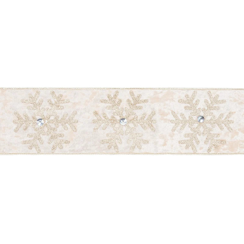 4"x10YD WIRED VELVET - GLITTER SNOWFLAKE WITH JEWEL ON CHAMPAGNE - 7017W-811-100E