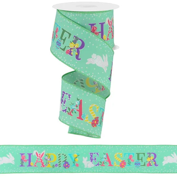 2.5"X10YD GLITTER HAPPY EASTER - LIGHT MINT/PINK/YELLOW/GREEN/LAVENDER - RGE1183AN