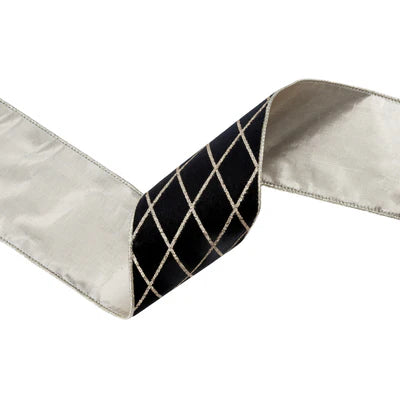 4"X10YD WIRED VELVET RIBBON - BLACK W/ GLITTERED DIAMOND - LARIBBON - 7112W-030-100E