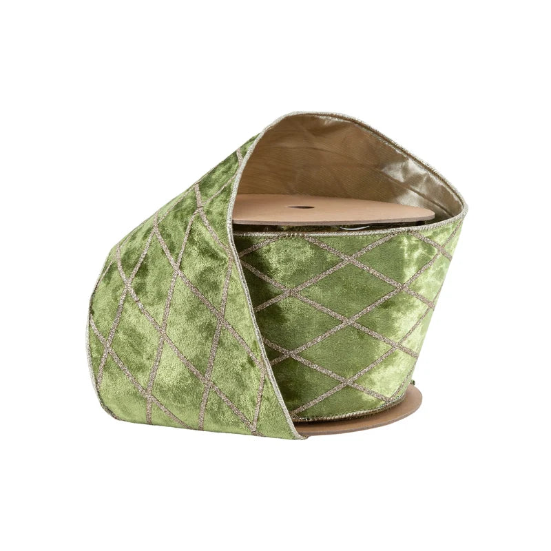 4"X10YD WIRED VELVET RIBBON - WILLOW GREEN W/ GLITTERED DIAMOND - 7112W-548-100E