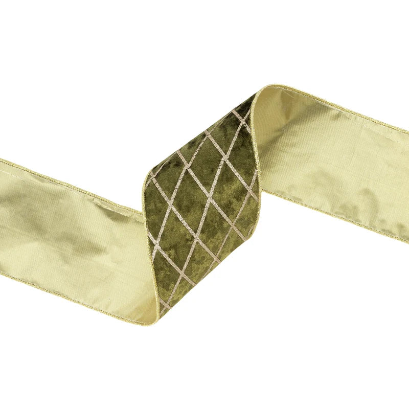 4"X10YD WIRED VELVET RIBBON - MOSS WITH GLITTERED DIAMOND - 7112W-570-100E