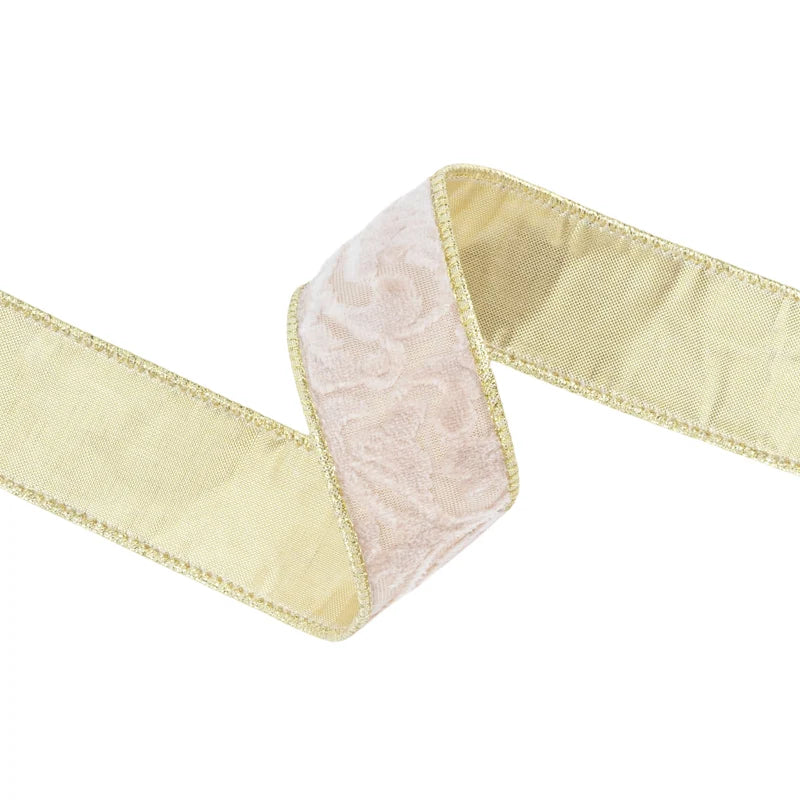 1.5"X10YD WIRED VELVET RIBBON - IVORY FLORAL EMBOSSED WITH GOLD BACKING - 7113W-810-38E