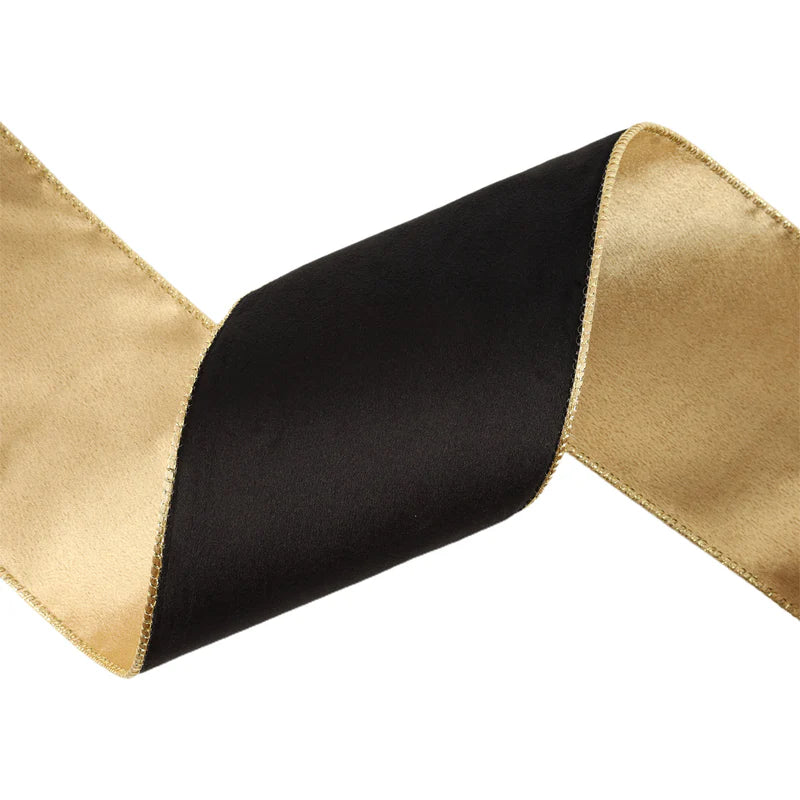 4"X10YD REVERSIBLE CLASSIC VELVET WIRED RIBBON - BLACK/GOLD - LA RIBBON - 7115W-030-100E