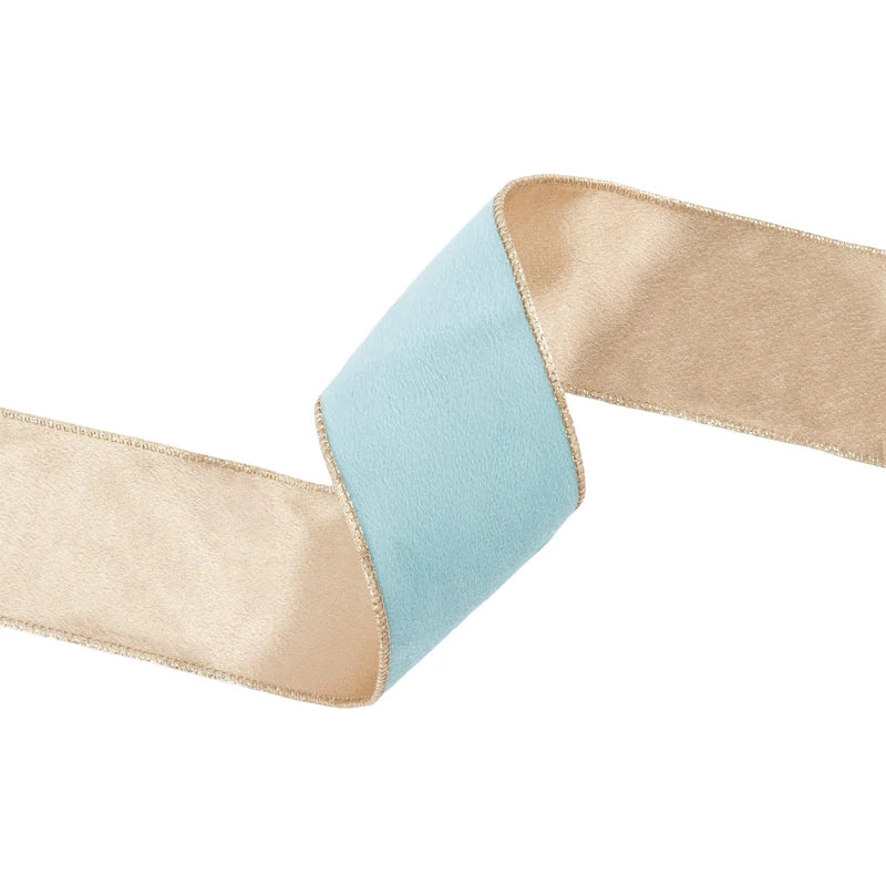 2 1/2"X10YD REVERSIBLE CLASSIC VELVET WIRED RIBBON - AQUA/GOLD - LA RIBBON - 7115W-314-63E