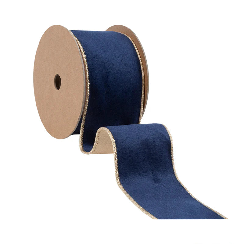 2 1/2"X10YD REVERSIBLE CLASSIC VELVET WIRED RIBBON - NAVY/GOLD - LARIBBON - 7115W-374-63E