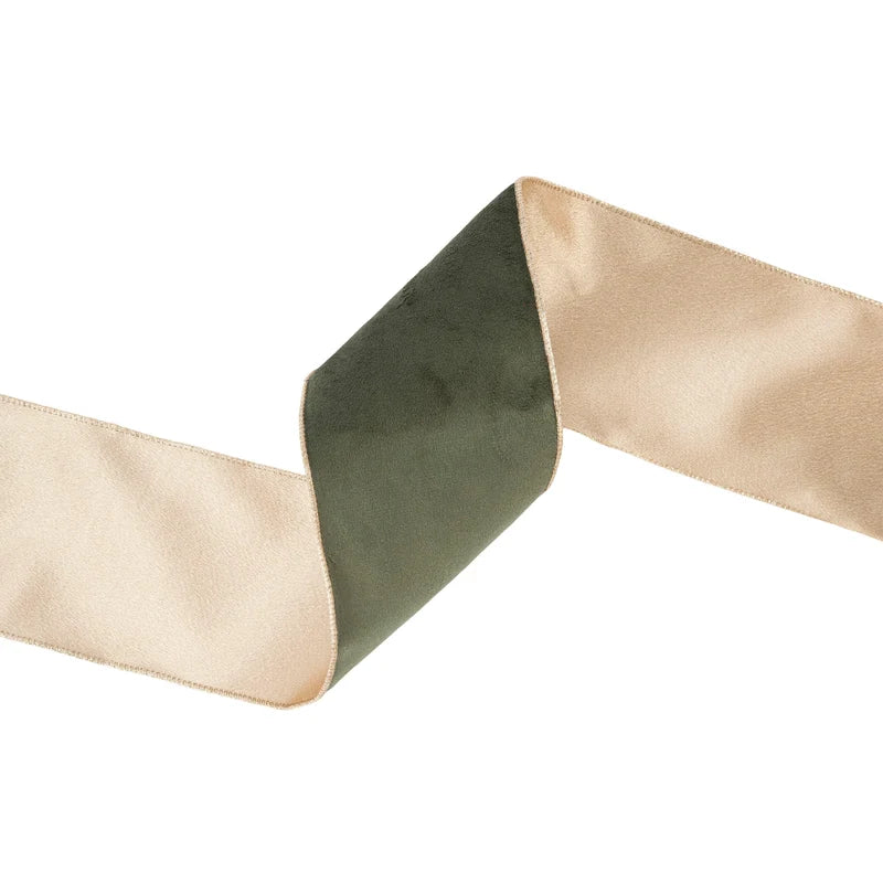 4"x10YD REVERSIBLE CLASSIC VELVET WIRED RIBBON - MOSS/GOLD - 7115W-570-100E