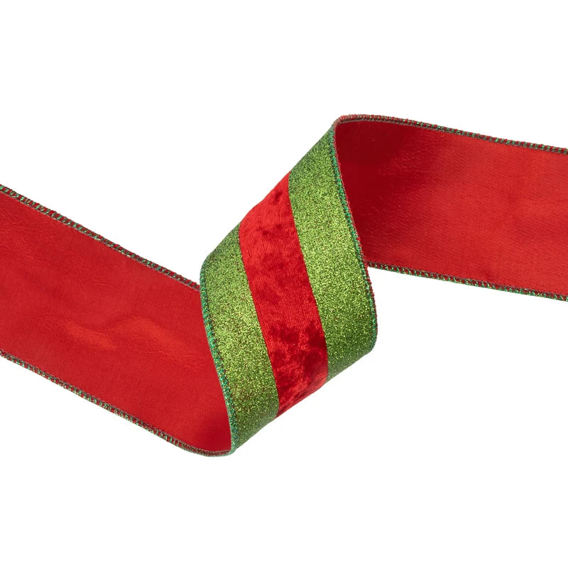 2.5"X10YD WIRED RIBBON - GREEN GLITTER WITH RED VELVET STRIPE - 7116W-039-63E