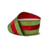 2.5"X10YD WIRED RIBBON - GREEN GLITTER WITH RED VELVET STRIPE - 7116W-039-63E