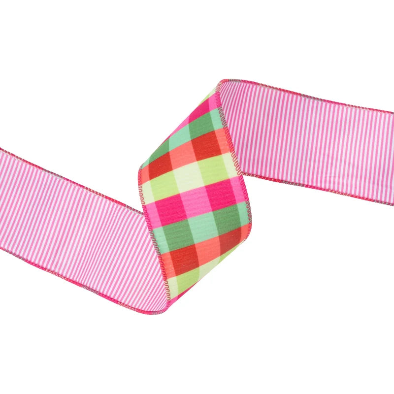 2.5"X10YD VELVET RIBBON - FLORESCENT PINK/GREEN PLAID W/ PINK STRIPE BACKING - 7119W-005-63E