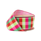 2.5"X10YD VELVET RIBBON - FLORESCENT PINK/GREEN PLAID W/ PINK STRIPE BACKING - 7119W-005-63E