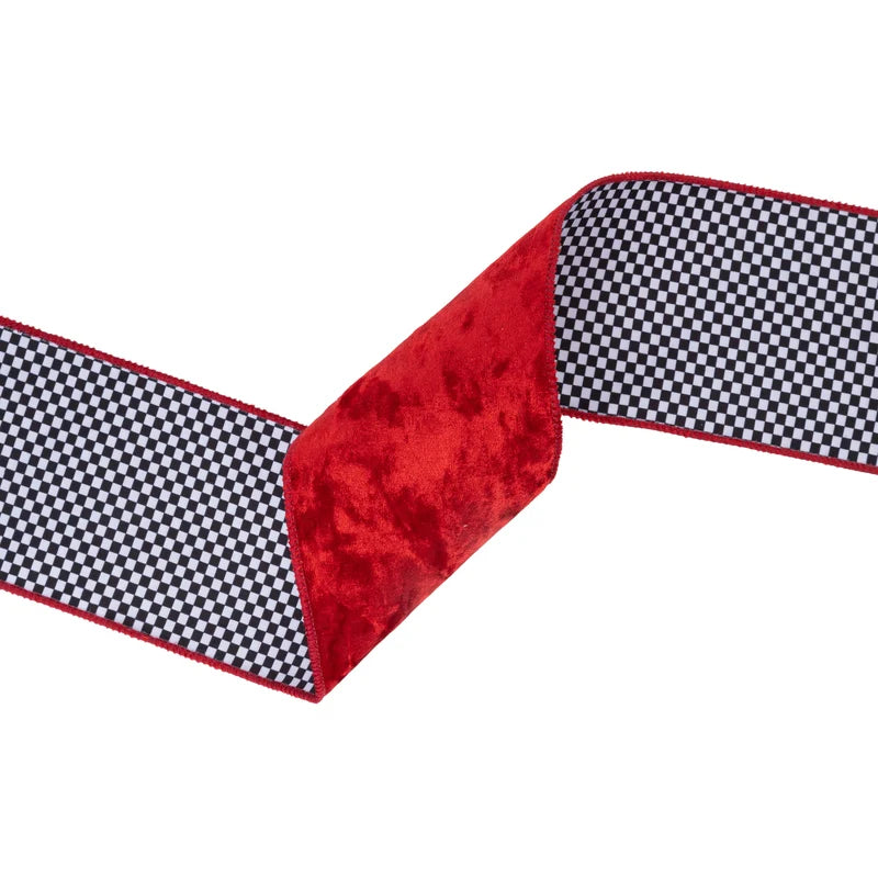 4"X10YD WIRED VELVET RIBBON - RED W/ BLACK & WHITE CHECK BACKING - 7125W-250-100E