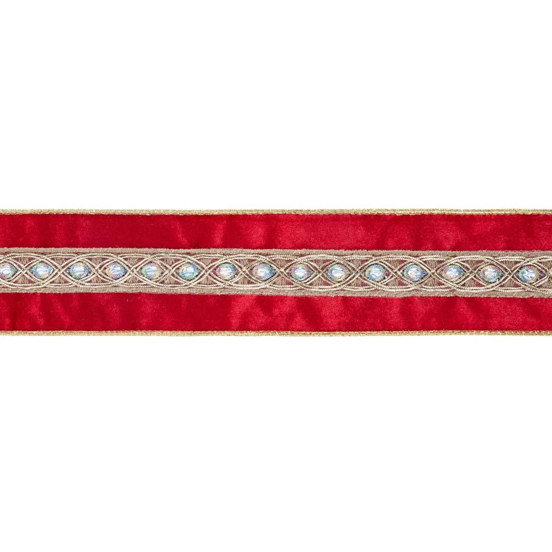 2.5"X10YD WIRED VELVET RIBBON - RED WITH GOLD TRIM IRIDESCENT JEWEL - 7130W-250-63E