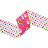 2.5"X10YD WIRED REVERSIBLE VELVET - PINK CANDIES WITH POLKA DOT BACKING - 7131W-175-63E